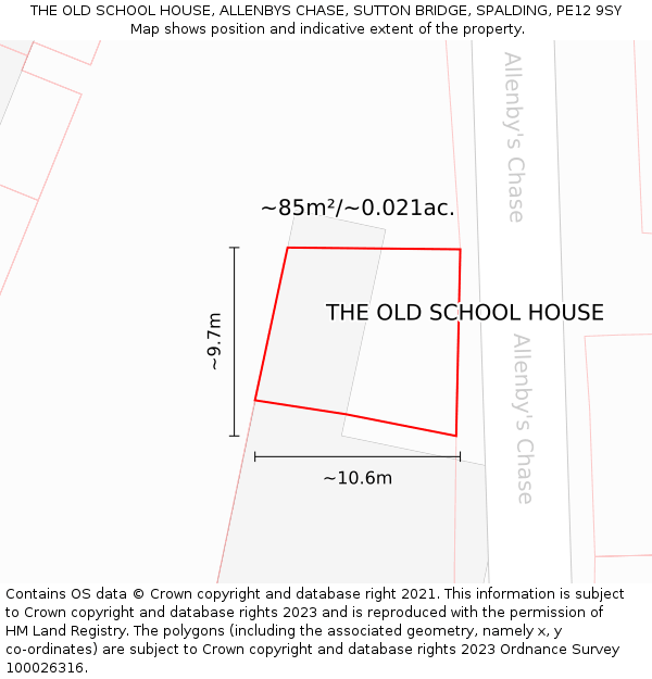 THE OLD SCHOOL HOUSE, ALLENBYS CHASE, SUTTON BRIDGE, SPALDING, PE12 9SY: Plot and title map