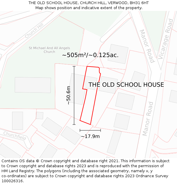 THE OLD SCHOOL HOUSE, CHURCH HILL, VERWOOD, BH31 6HT: Plot and title map