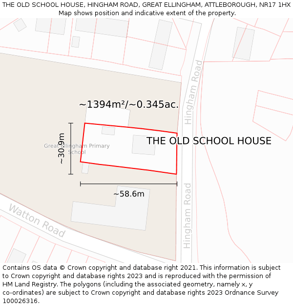 THE OLD SCHOOL HOUSE, HINGHAM ROAD, GREAT ELLINGHAM, ATTLEBOROUGH, NR17 1HX: Plot and title map