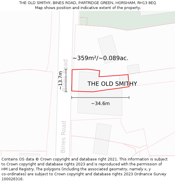 THE OLD SMITHY, BINES ROAD, PARTRIDGE GREEN, HORSHAM, RH13 8EQ: Plot and title map