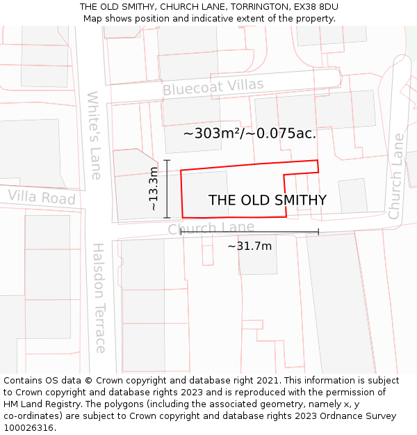 THE OLD SMITHY, CHURCH LANE, TORRINGTON, EX38 8DU: Plot and title map