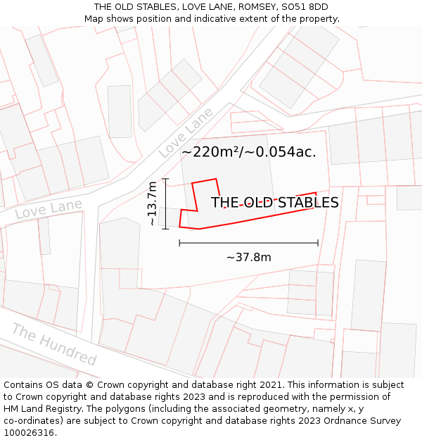 THE OLD STABLES, LOVE LANE, ROMSEY, SO51 8DD: Plot and title map