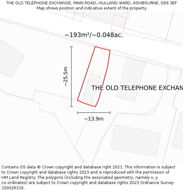 THE OLD TELEPHONE EXCHANGE, MAIN ROAD, HULLAND WARD, ASHBOURNE, DE6 3EF: Plot and title map