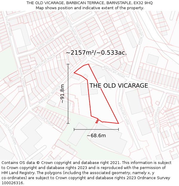 THE OLD VICARAGE, BARBICAN TERRACE, BARNSTAPLE, EX32 9HQ: Plot and title map