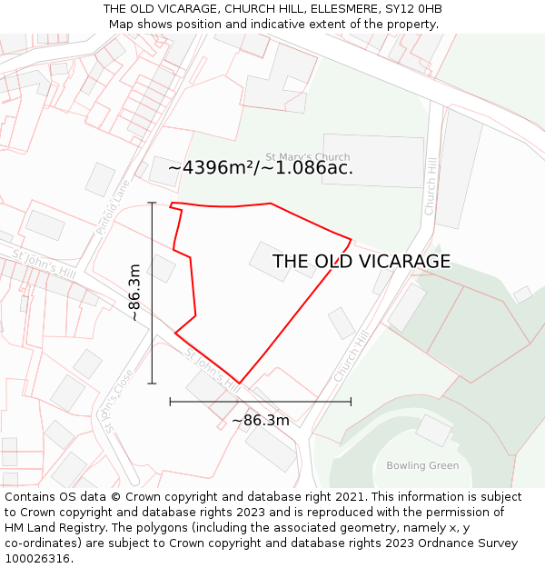 THE OLD VICARAGE, CHURCH HILL, ELLESMERE, SY12 0HB: Plot and title map