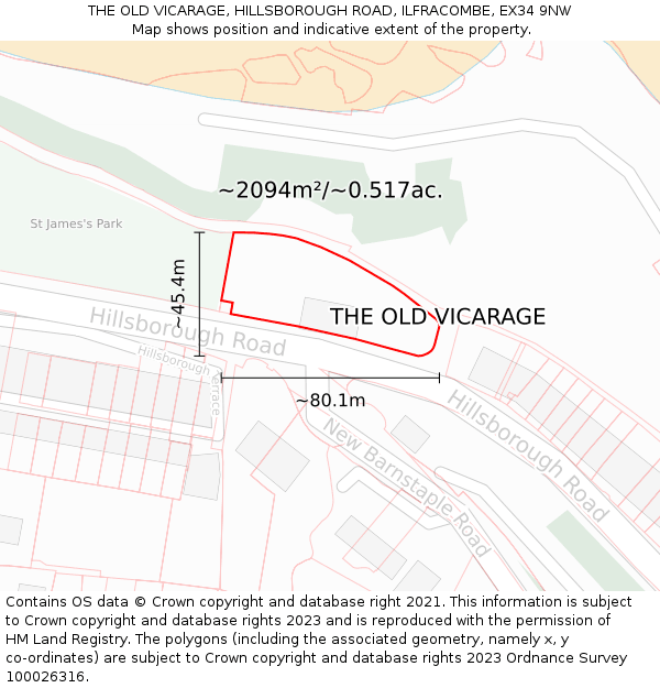 THE OLD VICARAGE, HILLSBOROUGH ROAD, ILFRACOMBE, EX34 9NW: Plot and title map