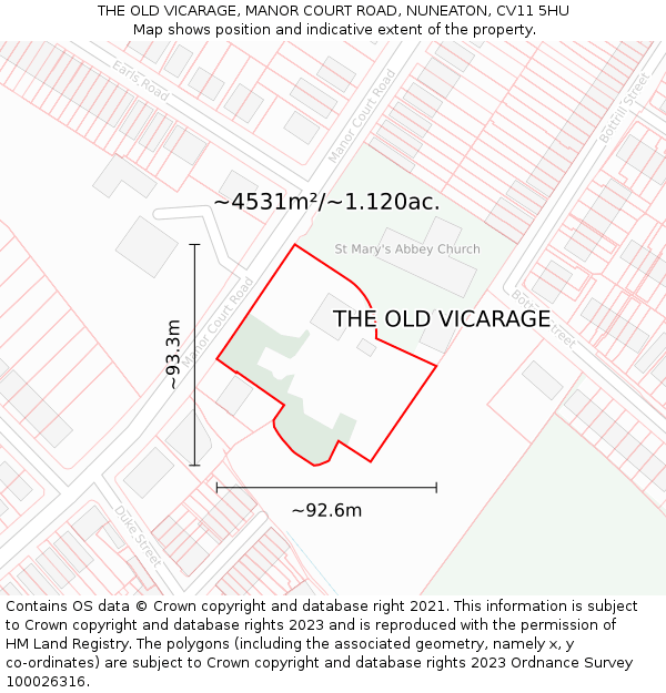 THE OLD VICARAGE, MANOR COURT ROAD, NUNEATON, CV11 5HU: Plot and title map
