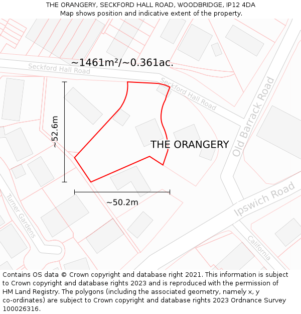 THE ORANGERY, SECKFORD HALL ROAD, WOODBRIDGE, IP12 4DA: Plot and title map