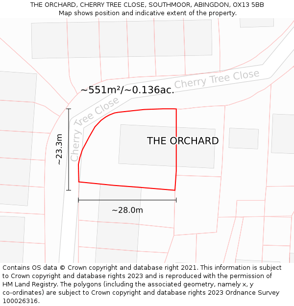 THE ORCHARD, CHERRY TREE CLOSE, SOUTHMOOR, ABINGDON, OX13 5BB: Plot and title map