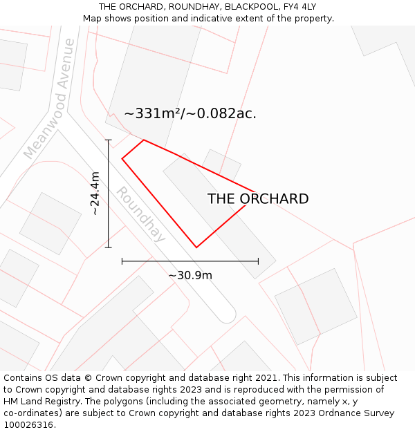 THE ORCHARD, ROUNDHAY, BLACKPOOL, FY4 4LY: Plot and title map