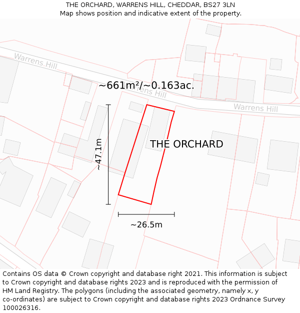 THE ORCHARD, WARRENS HILL, CHEDDAR, BS27 3LN: Plot and title map