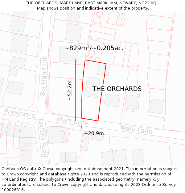 THE ORCHARDS, MARK LANE, EAST MARKHAM, NEWARK, NG22 0QU: Plot and title map