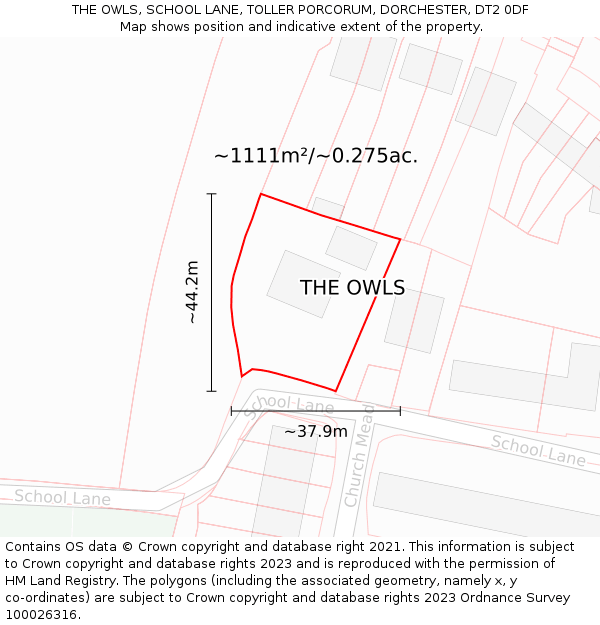 THE OWLS, SCHOOL LANE, TOLLER PORCORUM, DORCHESTER, DT2 0DF: Plot and title map