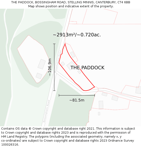 THE PADDOCK, BOSSINGHAM ROAD, STELLING MINNIS, CANTERBURY, CT4 6BB: Plot and title map