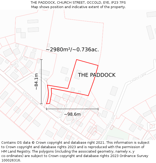 THE PADDOCK, CHURCH STREET, OCCOLD, EYE, IP23 7PS: Plot and title map