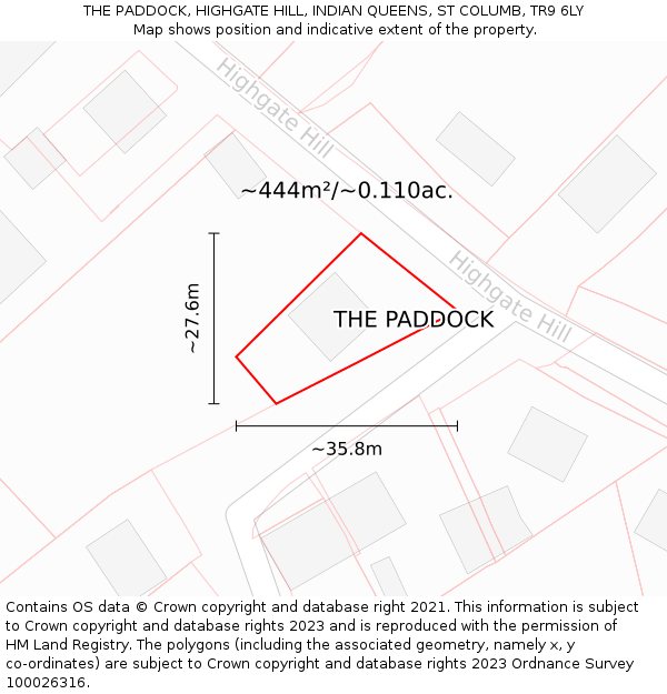THE PADDOCK, HIGHGATE HILL, INDIAN QUEENS, ST COLUMB, TR9 6LY: Plot and title map