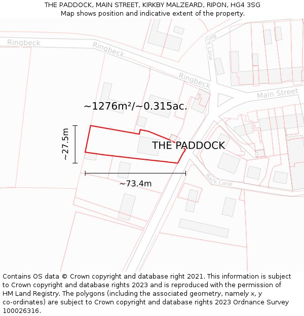 THE PADDOCK, MAIN STREET, KIRKBY MALZEARD, RIPON, HG4 3SG: Plot and title map