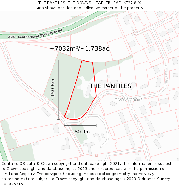 THE PANTILES, THE DOWNS, LEATHERHEAD, KT22 8LX: Plot and title map