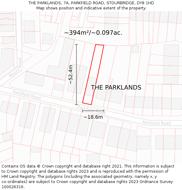 THE PARKLANDS, 7A, PARKFIELD ROAD, STOURBRIDGE, DY8 1HD: Plot and title map