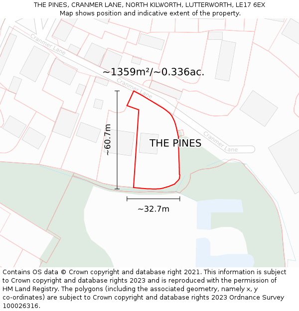 THE PINES, CRANMER LANE, NORTH KILWORTH, LUTTERWORTH, LE17 6EX: Plot and title map