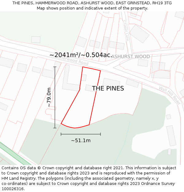 THE PINES, HAMMERWOOD ROAD, ASHURST WOOD, EAST GRINSTEAD, RH19 3TG: Plot and title map