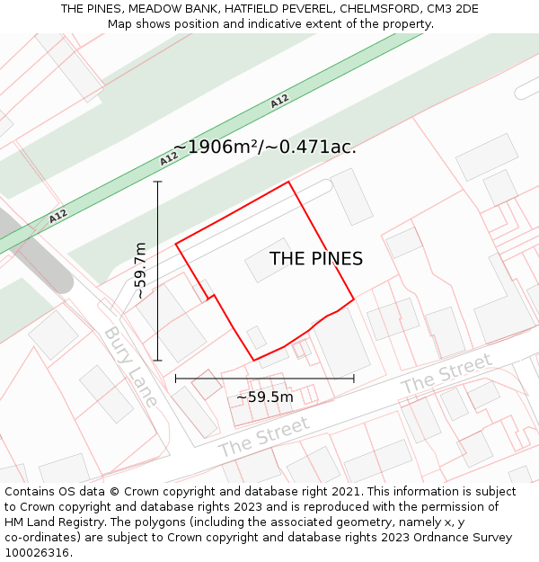 THE PINES, MEADOW BANK, HATFIELD PEVEREL, CHELMSFORD, CM3 2DE: Plot and title map