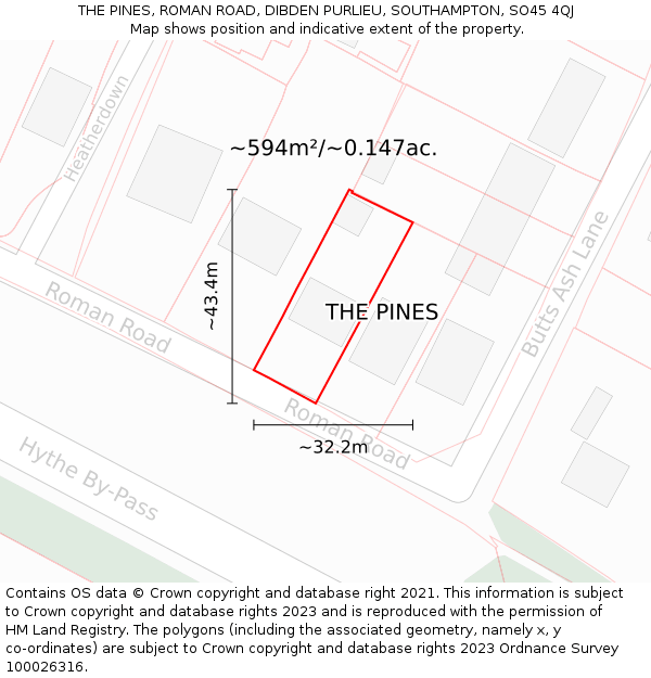 THE PINES, ROMAN ROAD, DIBDEN PURLIEU, SOUTHAMPTON, SO45 4QJ: Plot and title map