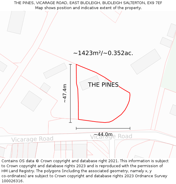 THE PINES, VICARAGE ROAD, EAST BUDLEIGH, BUDLEIGH SALTERTON, EX9 7EF: Plot and title map