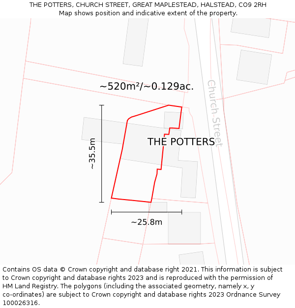 THE POTTERS, CHURCH STREET, GREAT MAPLESTEAD, HALSTEAD, CO9 2RH: Plot and title map