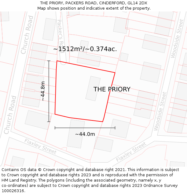 THE PRIORY, PACKERS ROAD, CINDERFORD, GL14 2DX: Plot and title map