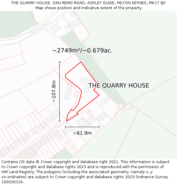 THE QUARRY HOUSE, SAN REMO ROAD, ASPLEY GUISE, MILTON KEYNES, MK17 8JY: Plot and title map