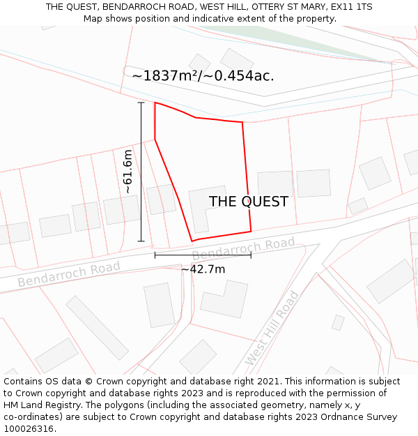 THE QUEST, BENDARROCH ROAD, WEST HILL, OTTERY ST MARY, EX11 1TS: Plot and title map
