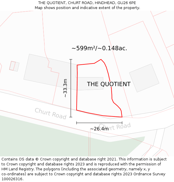 THE QUOTIENT, CHURT ROAD, HINDHEAD, GU26 6PE: Plot and title map