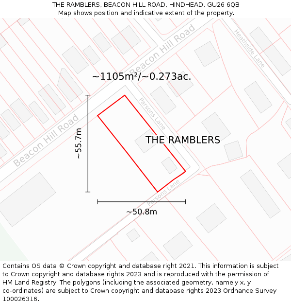 THE RAMBLERS, BEACON HILL ROAD, HINDHEAD, GU26 6QB: Plot and title map