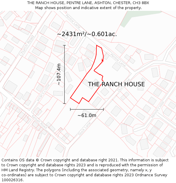 THE RANCH HOUSE, PENTRE LANE, ASHTON, CHESTER, CH3 8BX: Plot and title map