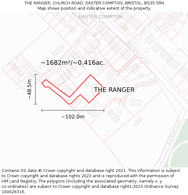 THE RANGER, CHURCH ROAD, EASTER COMPTON, BRISTOL, BS35 5RN: Plot and title map