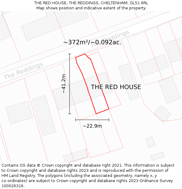 THE RED HOUSE, THE REDDINGS, CHELTENHAM, GL51 6RL: Plot and title map