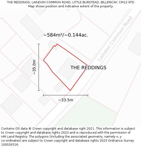 THE REDDINGS, LAINDON COMMON ROAD, LITTLE BURSTEAD, BILLERICAY, CM12 9TD: Plot and title map