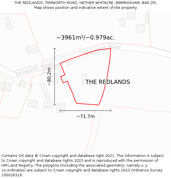 THE REDLANDS, TAMWORTH ROAD, NETHER WHITACRE, BIRMINGHAM, B46 2PL: Plot and title map