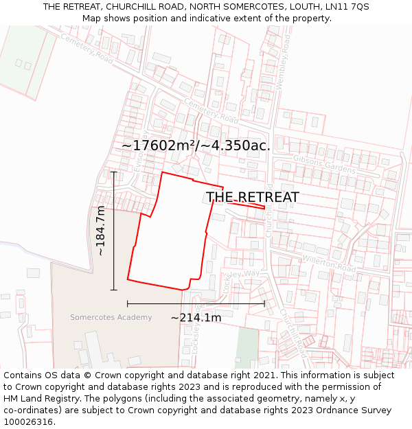 THE RETREAT, CHURCHILL ROAD, NORTH SOMERCOTES, LOUTH, LN11 7QS: Plot and title map