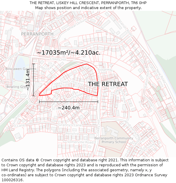 THE RETREAT, LISKEY HILL CRESCENT, PERRANPORTH, TR6 0HP: Plot and title map