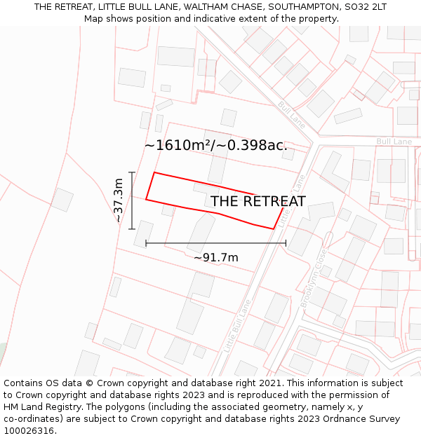 THE RETREAT, LITTLE BULL LANE, WALTHAM CHASE, SOUTHAMPTON, SO32 2LT: Plot and title map