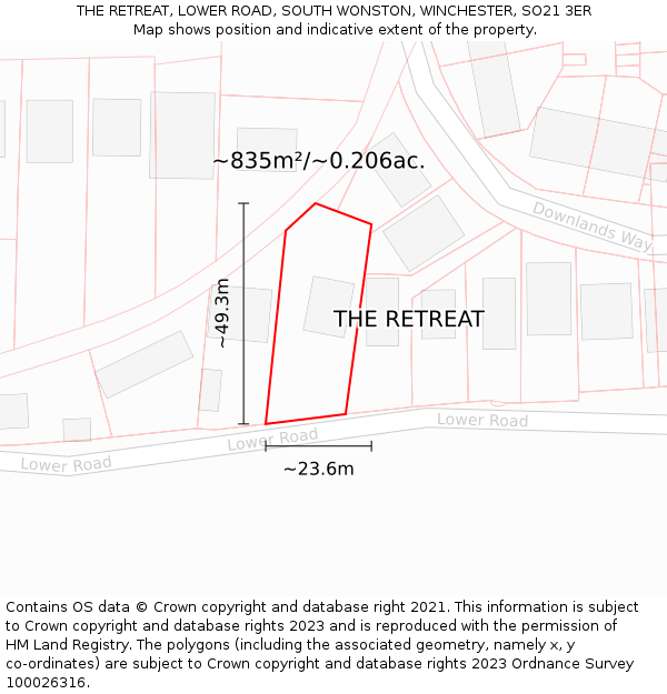 THE RETREAT, LOWER ROAD, SOUTH WONSTON, WINCHESTER, SO21 3ER: Plot and title map