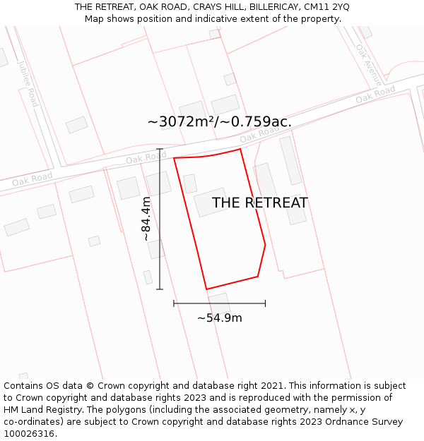THE RETREAT, OAK ROAD, CRAYS HILL, BILLERICAY, CM11 2YQ: Plot and title map