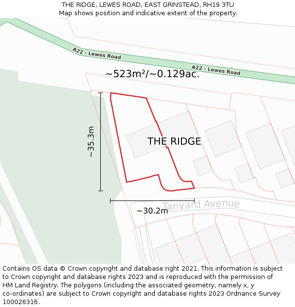 THE RIDGE, LEWES ROAD, EAST GRINSTEAD, RH19 3TU: Plot and title map