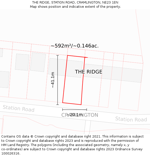 THE RIDGE, STATION ROAD, CRAMLINGTON, NE23 1EN: Plot and title map