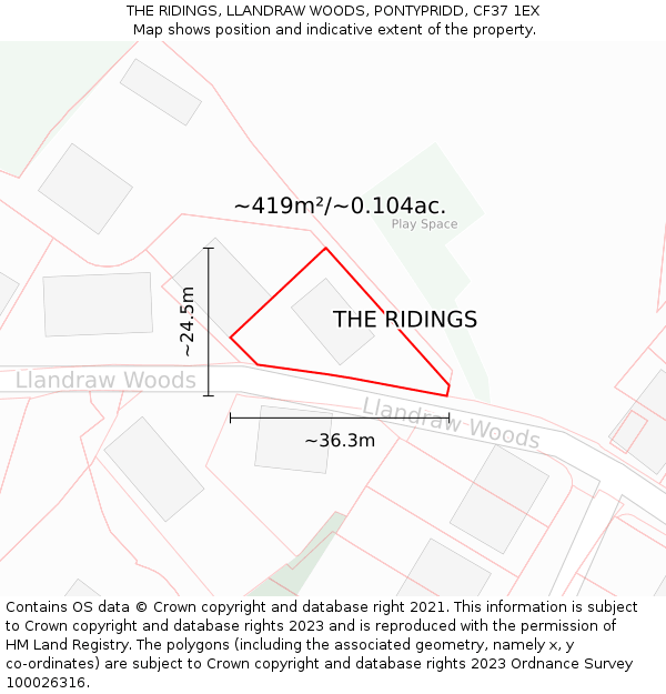 THE RIDINGS, LLANDRAW WOODS, PONTYPRIDD, CF37 1EX: Plot and title map