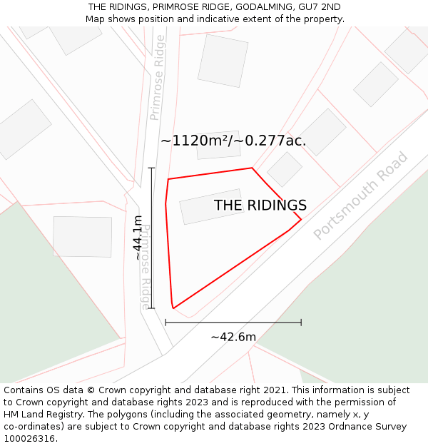 THE RIDINGS, PRIMROSE RIDGE, GODALMING, GU7 2ND: Plot and title map