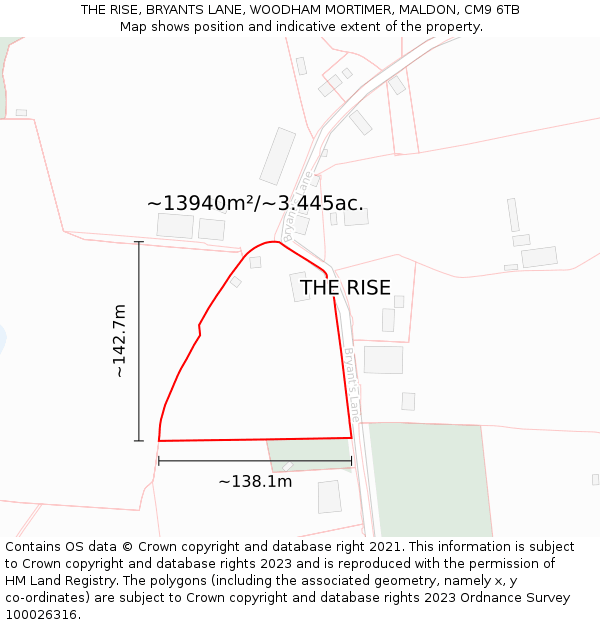 THE RISE, BRYANTS LANE, WOODHAM MORTIMER, MALDON, CM9 6TB: Plot and title map