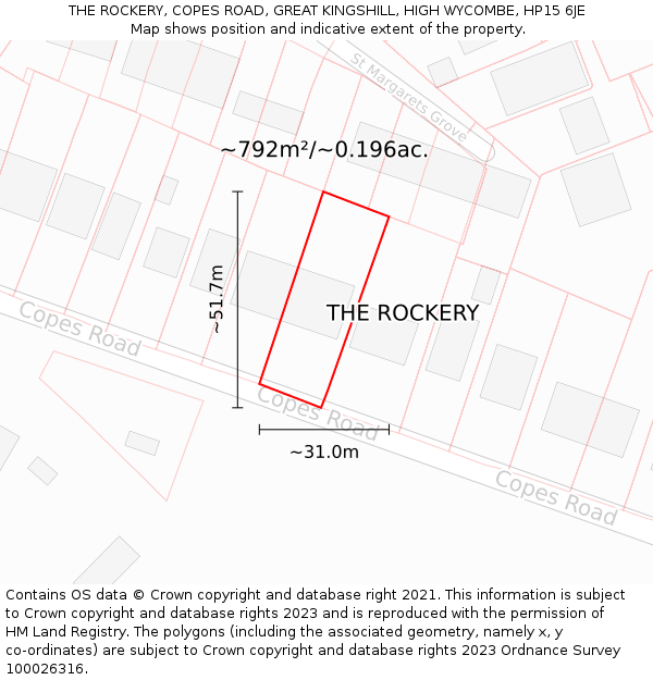 THE ROCKERY, COPES ROAD, GREAT KINGSHILL, HIGH WYCOMBE, HP15 6JE: Plot and title map